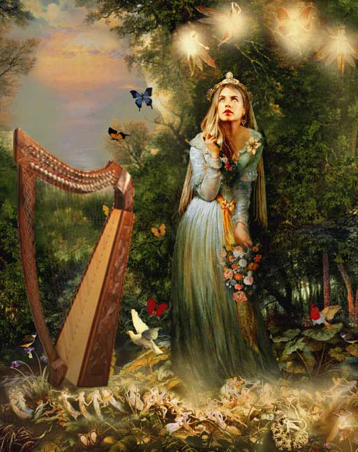 Trobaitiz with fairies and lever harp. Angelica Ottewill, Harp, Voice and Storytelling.
